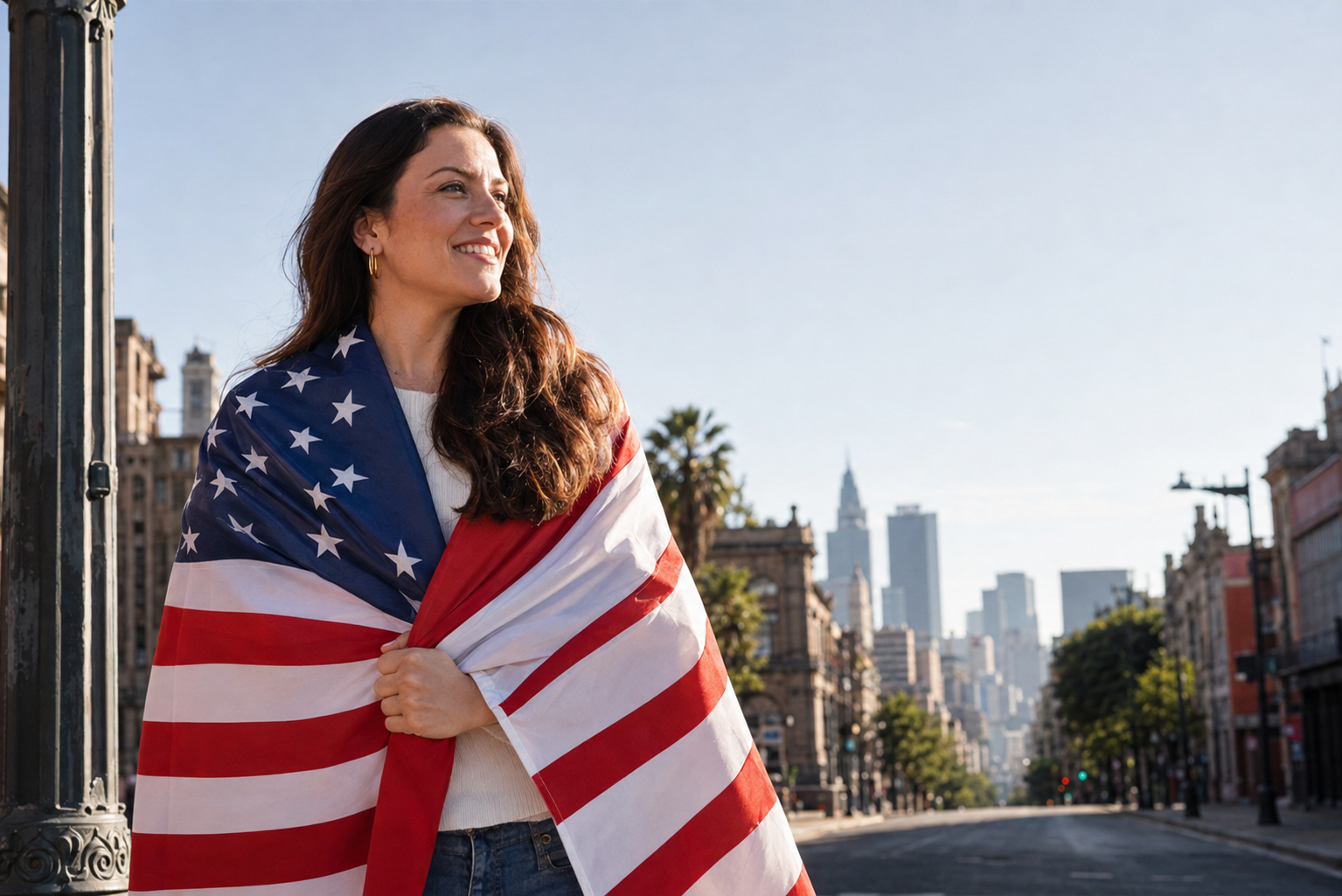 American woman considering surrogacy in Mexico while holding the U.S. flag