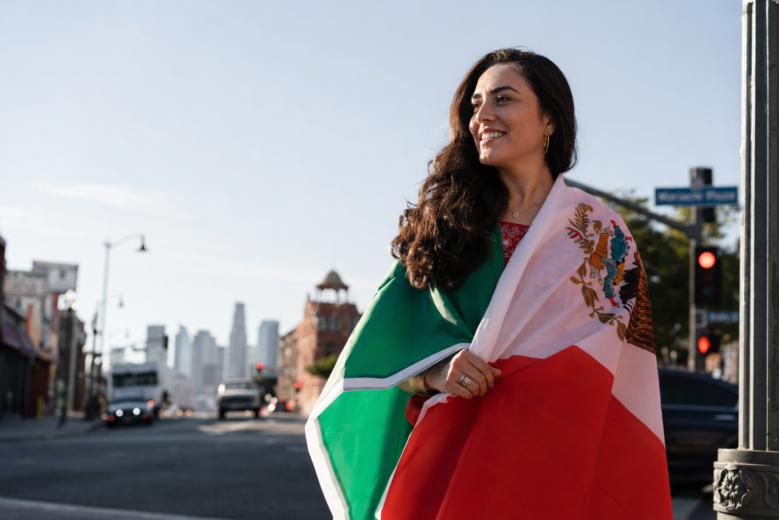 American intended mother wrapped in the Mexican flag while considering surrogacy in Mexico